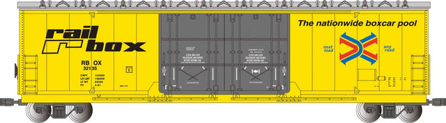 Evans 53' Double-Plug-Door Boxcar - Ready to Run -- Railbox #32135 (yellow, black)