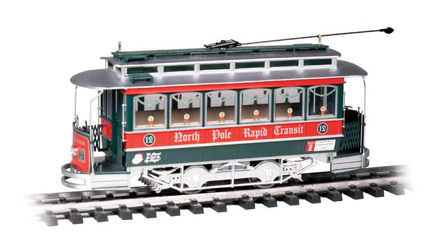 Single-Truck Closed Streetcar - Standard DC -- North Pole Rapid Transit (green, red, white)