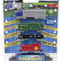 Rail Champ Battery-Powered Train Set -- Santa Fe F7 Locomotive (gray, blue), 3 Cars; 64 x 45" Track Oval
