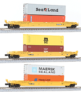 NSC 53' Well Car 3-Unit Set w/Containers - Ready to Run -- DTTX  #620410A, 620410B, 620410C (yellow)