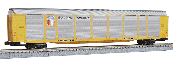 Tri-Level Enclosed Auto Rack 4-Car Runner Pack - Ready to Run -- Union Pacific #701267, 701494, 701581, 701628 (silver, yellow; Build America