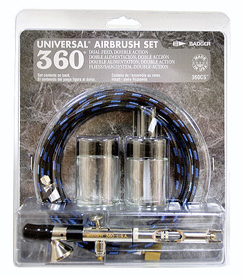 Clamshell Airbrush Set - Includes Airbrush, Air Hose, Jars & Jar Adaptor -- Model 360 Dual Action, Internal Mix, Dual Feed Airbrush