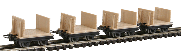 MinitrainS 30" Narrow Gauge HOe Pulpwood Car 4-Pack - Ready to Run -- Unlettered (beige, black)
