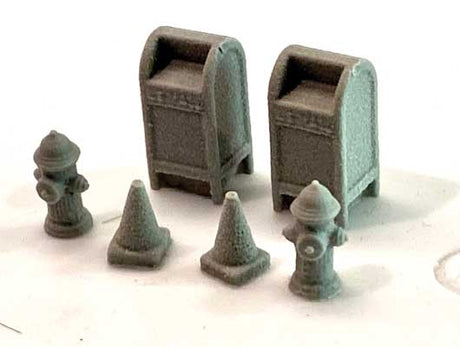 Sidewalk Details -- Unpainted Resin Castings - 2 Each: Traffic Cones, Mailboxes, Fire Hydrants