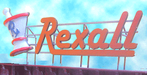 Laser-Cut Wood Billboards - Large, For HO & O -- Rexall Drugs (With Cast Metal Mortar & Pestle)