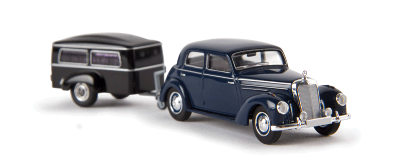 Mercedes-Benz 220 w/Small Funeral Trailer - Assembled -- Dark Blue; Black Trailer
