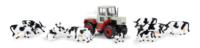 1975 Mercedes-Benz Trac 800 Farm Tractor with Cow Figures - Assembled -- Gray, Red