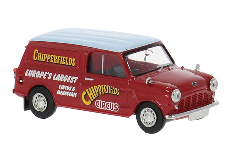 1960s Austin Mini Cargo Van - Assembled -- Chipperfields Circus (red, white, yellow)