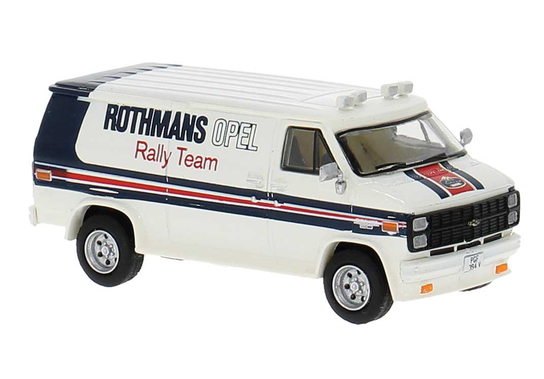 1970s GMC Verdura Cargo Van - Assembled -- Rothmans Opel Teams (white, black, red)