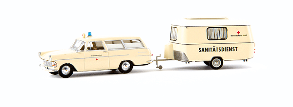 Emergency Automobile 1966-1971 Opel Rekord C CarAVan Station Wagon - Assembled -- With Eriba Trailer DRK (beige, German Lettering)