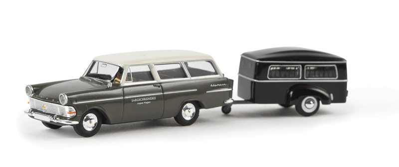 Opel PII Station Wagon w/Small Funeral Trailer - Assembled -- Sargschreinerei Wagner (black, white, German Lettering)