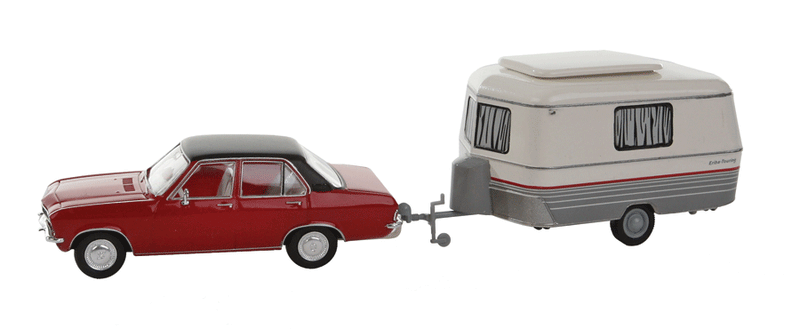 1965-1973 Opel Ascona A Sedan Sedan w/Eriba Camper Trailer - Assembled -- Red Car, White & Gray Trailer