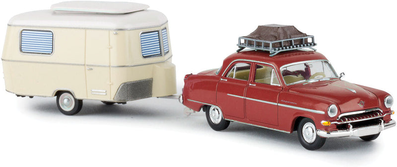 1954 Opel Kapitan Sedan with Camper Trailer - Assembled -- Green, White Trailer