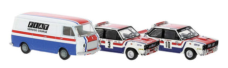 Korsika 78 Race Set - Assembled -- Fiat Service Van, 2 Fiat 131 Abarth (#10, 3, white, blue, red, Italian)