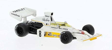 1975 McLaren M23D - Assembled -- Peter Revson #8 Yardley" (white, yellow, Saison 1973, German Lettering)