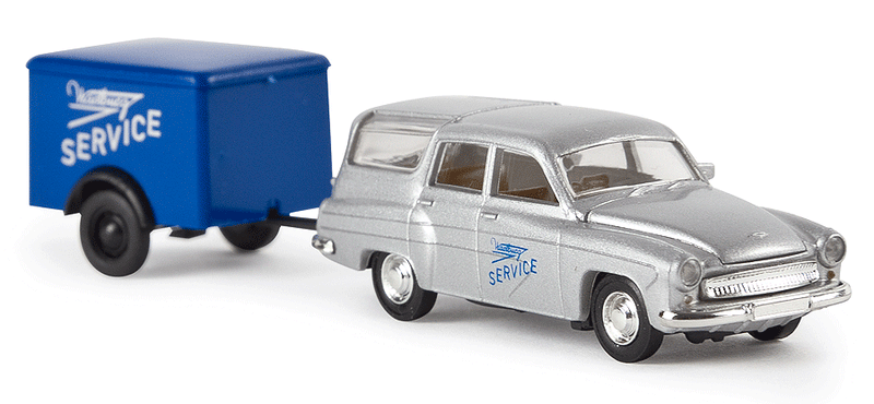 1957-1966 Wartburg 311 Camper Station Wagon w/Trailer - Assembled -- Gray Auto, Blue Service Trailer-1