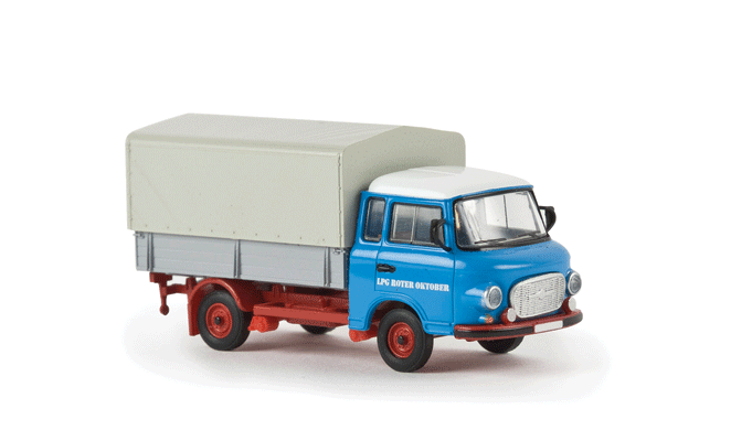 1961-1991 Barkas B 1000 Low-Sided Delivery Truck with Tarp Cover - Assembled -- LPG Roter Oktober (blue, red, gray, German Lettering)-1