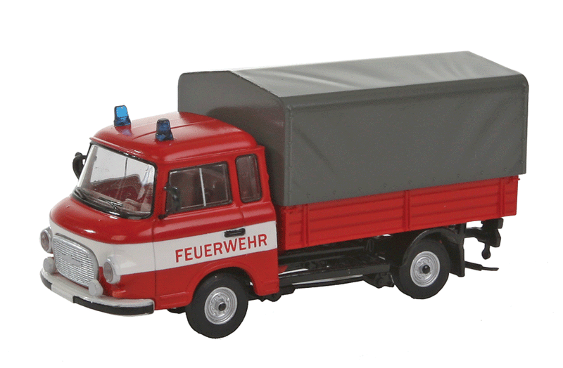 1961-1991 Barkas B 1000 Low-Sided Delivery Truck with Tarp Cover - Assembled -- Fire Department (red, white, gray, German Lettering)-1