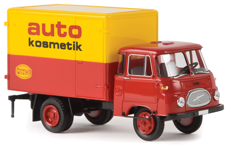 Robur LO2500 Box-Body Delivery Truck - Assembled -- Minol Auto Kosmetik (red, yellow, German Lettering)-1