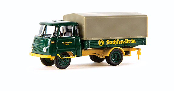 Robur LO 2501 PP Low-Sided Delivery Truck w/Tarp Cover - Assembled -- Sachsen-Brau (green, yellow, German Lettering)