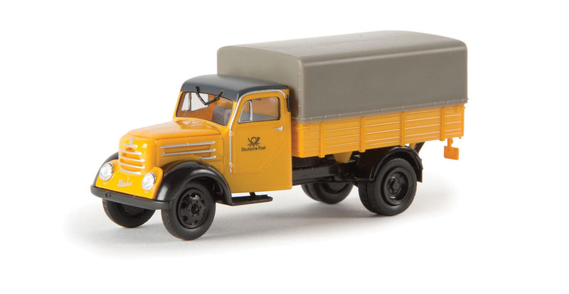 1950s Robur Garant Low-Side Delivery Truck w/Tarp Cover - Assembled -- Deutsche Post (yellow, black, German Lettering)