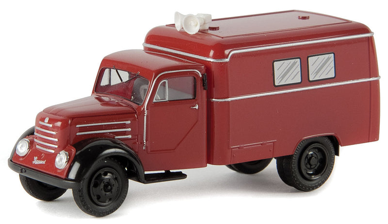 1950s Robur Garant Rounded Box-Body Delivery Truck - Assembled -- Nachrichtenuubertragung Fire Dept. (red, black, German Lettering)
