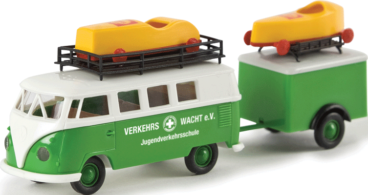 1960-63 Volkswagen Kombi T1b Passenger Van w/Trailer - Assembled -- Verkerswacht (green, white, German Lettering)