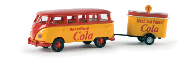 1960-63 Volkswagen Samba T1b Van w/Westfalia Sales Stand & Trailer - Assembled -- Cola (red, yellow, German Lettering)