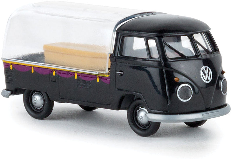 Volkswagen Pritsche T1b Standard-Cab Pickup Truck with Large Cover - Assembled -- Hearse (black, clear cover with coffin)