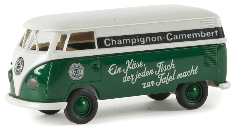 1960-1963 Volkswagen T1b Cargo Van w/Rear Windows & Trailer - Assembled -- Champignon Camembert (green, white, black, German Lettering)