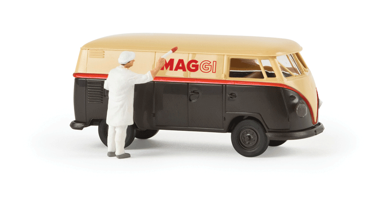 1960-63 Volkswagen T1b Cargo Van w/Rear Windows - Assembled -- With Figure of Sign Painter, Maggi (black, cream, Lettering Being Painted)