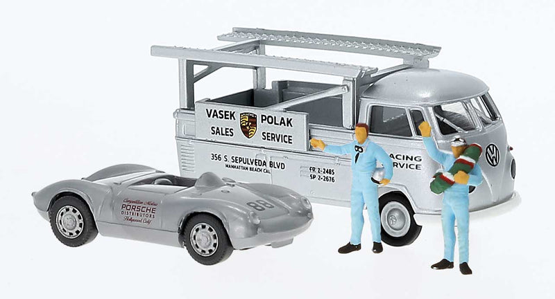 1960-1963 Volkswagen T1b Pickup w/Auto Rack & Porsche - Assembled -- Vasek Polak (gray, German Lettering)
