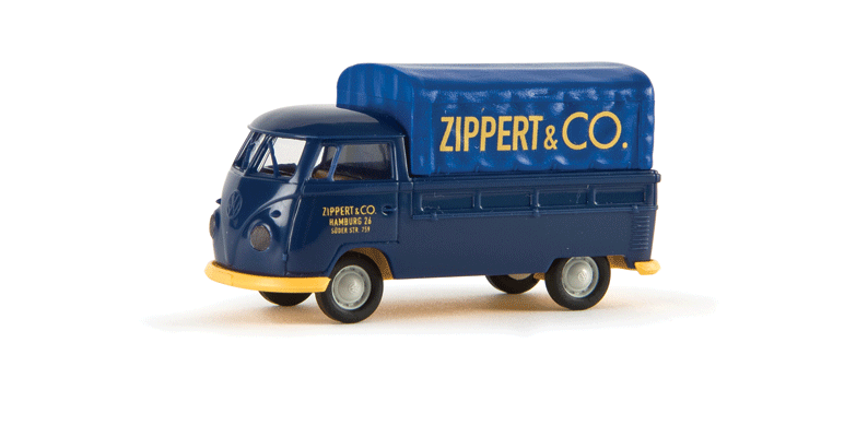 Volkswagen Pritsche T1b Standard-Cab Pickup Truck - Assembled -- With Tarp Cover, Zippert & Co. (blue, yellow, German Lettering)