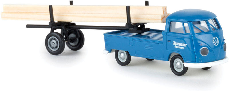 1960-1963 Volkswagen Pritsche T1b Pickup Truck and Pole Trailer - Assembled -- Schreinerei Kunzweiler (blue, German Lettering)
