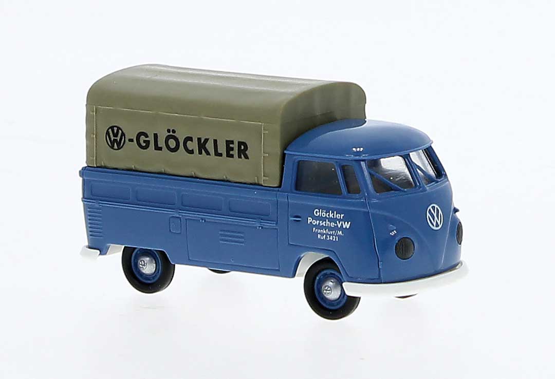 1960-1963 Volkswagen Pritsche T1b Standard-Cab Pickup w/Tarp - Assembled -- Glockler (blue, white, German Lettering)