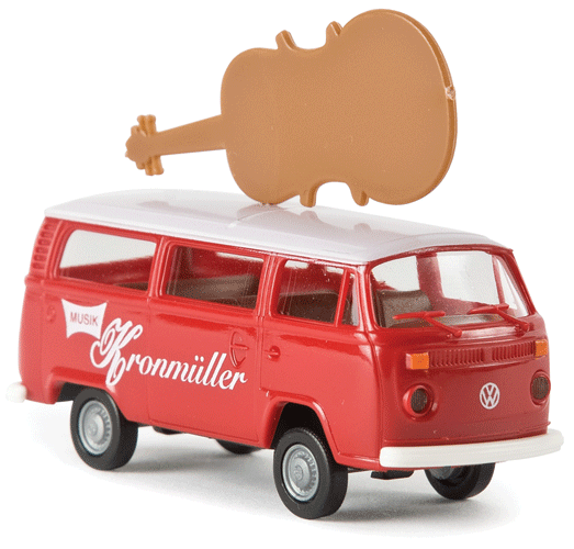 1973-79 Volkswagen Kombi T2 Passenger Van - Assembled -- Musik Kronmuller (red, white, Guitar on Roof, German Lettering)