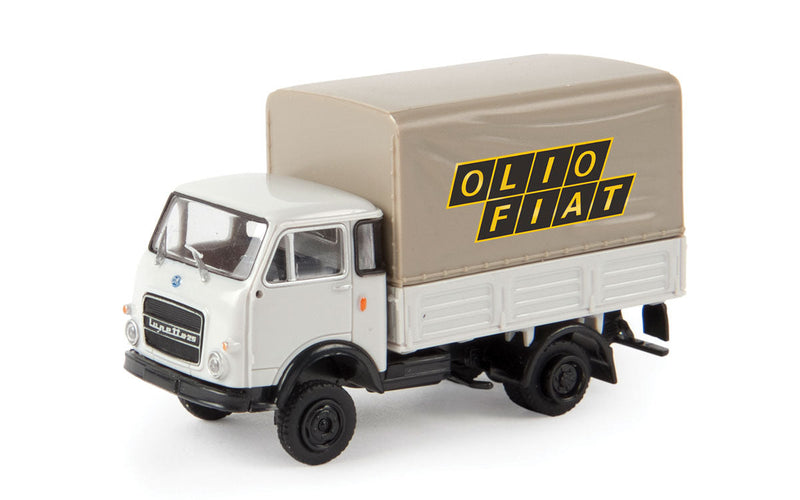1962-1972 Fiat OM Lupetto Low-Side Delivery Truck w/Canvas Cover - Assembled -- Olio Fiat (white, black, yellow, Italian Lettering)