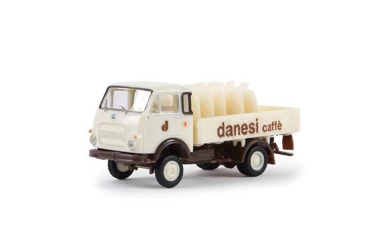 1962-1972 Fiat OM Lupetto Low-Side Delivery Truck w/Canvas Cover - Assembled -- Danesi Coffee (white, brown, Italian Lettering)