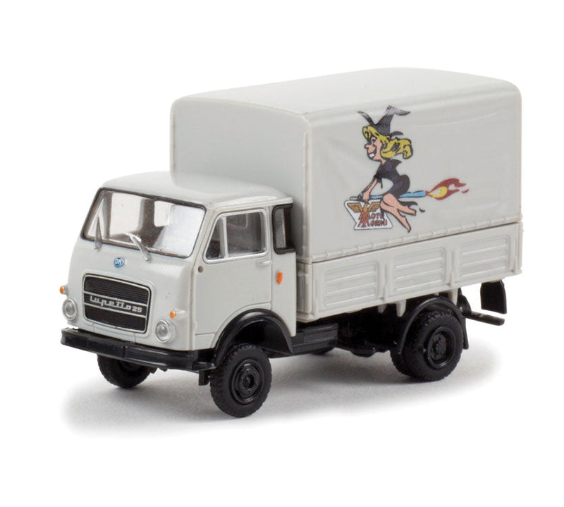 1962-1972 Fiat OM Lupetto Low-Side Delivery Truck w/Canvas Cover - Assembled -- Moto Morini (gray, black, Italian Lettering)