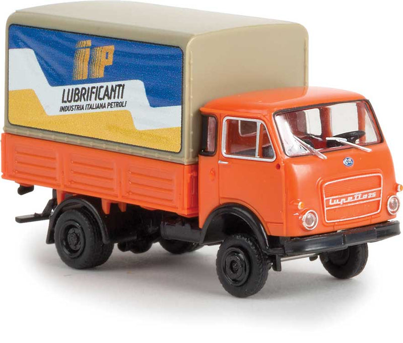 1962-1972 Fiat OM Lupetto Low-Side Delivery Truck w/Canvas Cover - Assembled -- Lubrificanti (orange, blue, white, yellow, Italian Lettering)