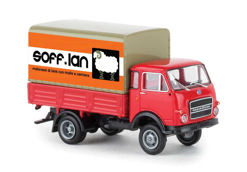 1962-1972 Fiat OM Lupetto Low-Side Delivery Truck with Tarp - Assembled -- Sofflan Materassi (red, beige, orange, Italian Lettering)