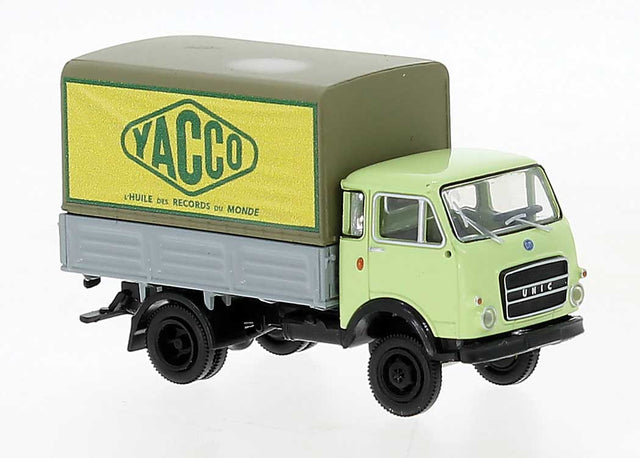 OM-UNIC 24c Low-Side Delivery Truck with Tarp - Assembled -- Yacco (green, gray, yellow, German Lettering)
