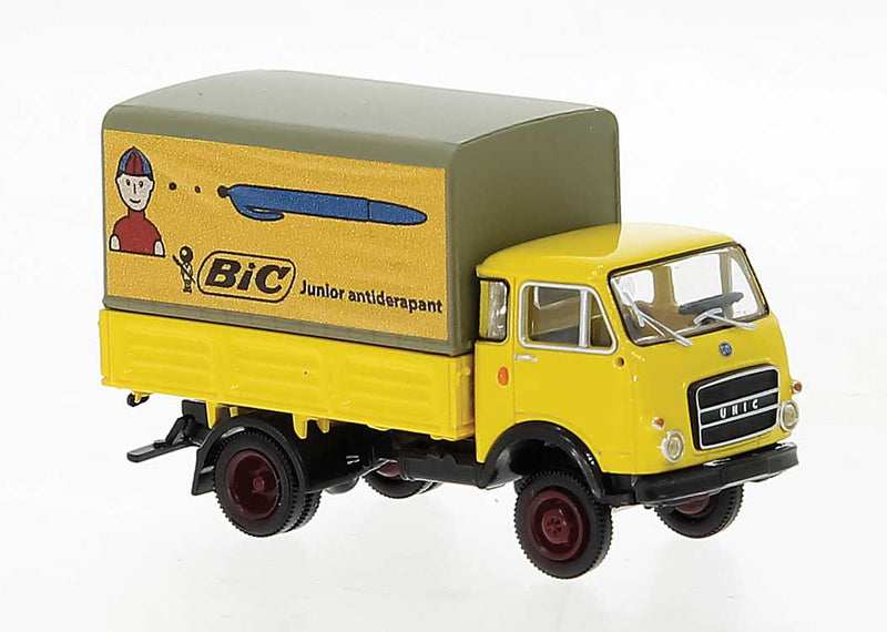 1962-1972 OM-UNIC 24c Low-Side Delivery Truck with Tarp - Assembled -- Bic (yellow, French Lettering)