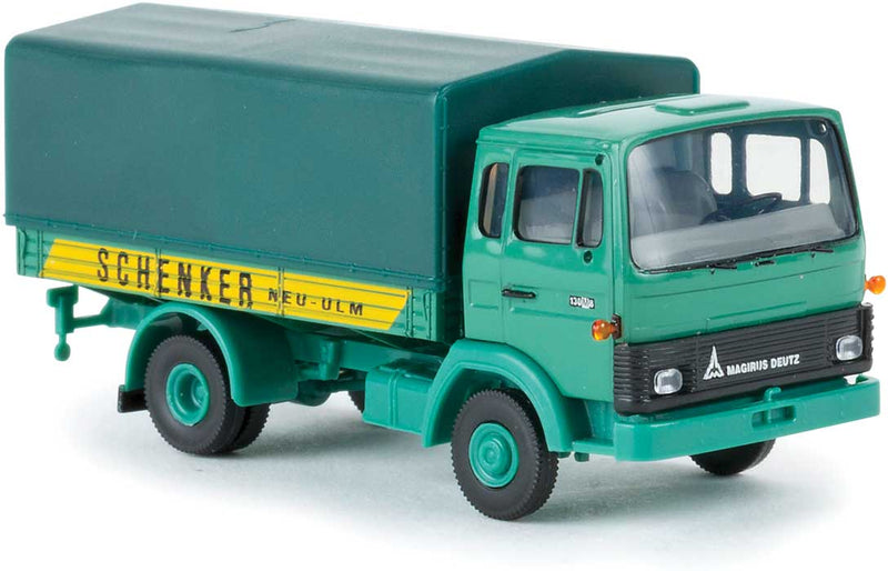 1971 Magirus MK Low-Side Deilvery Truck with Tarp Cover - Assembled -- Schenker Neu-Ulm (green, yellow, German Lettering)