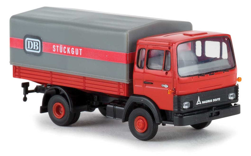 1971 Magirus MK Low-Side Deilvery Truck with Tarp Cover - Assembled -- German Federal Railroad DB (red, white, gray, German Lettering)
