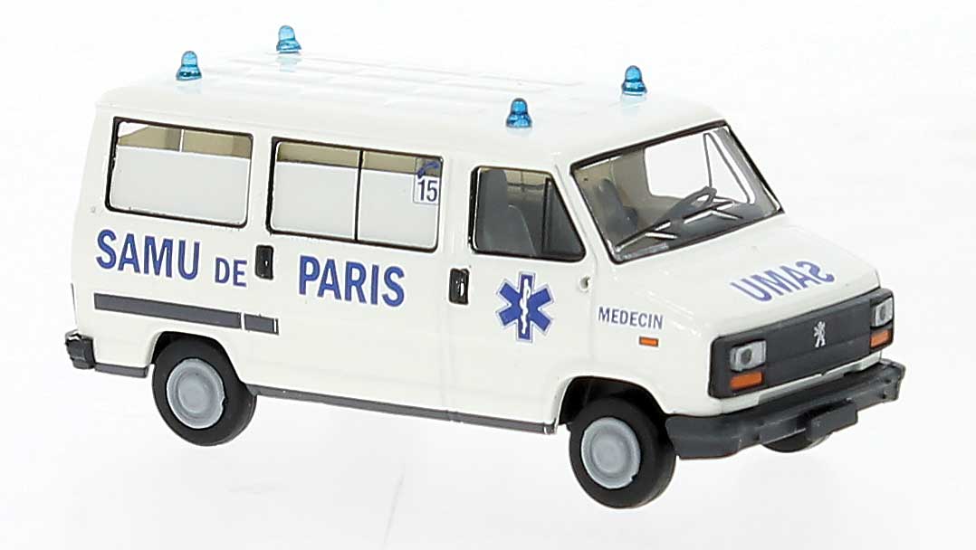1982 Peugeot J5 Passenger Van - Assembled -- Samu de Paris Ambulance (white, blue, French Lettering)