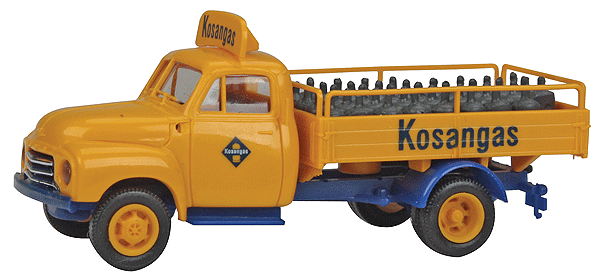 1953-1960 Opel-Blitz Low-Sided Delivery Truck - Assembled -- With Gas Cylinder Load Kosangas (yellow)