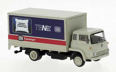 1960 Bedford TK Box-Body Truck - Assembled -- German Federal Railroad DB (gray, blue, red, Night Train Ad, German Letterin
