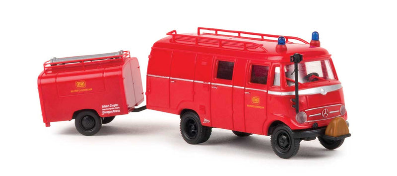 1956-1968 Mercedes-Benz LF 319 LF 8 Van & Trailer - Assembled -- TSA Bahnfeuerwehr (red, white, German Lettering)