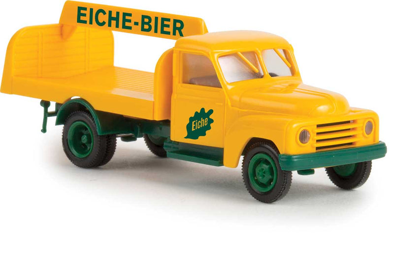 1950-1960 Hanomag L 28 Flatbed Delivery Truck - Assembled -- Eiche Bier (green, yellow, German Lettering)